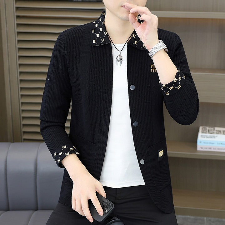 Men's Textured Knit Blazer with Patterned Collar and Button Placket Mune Fashion
