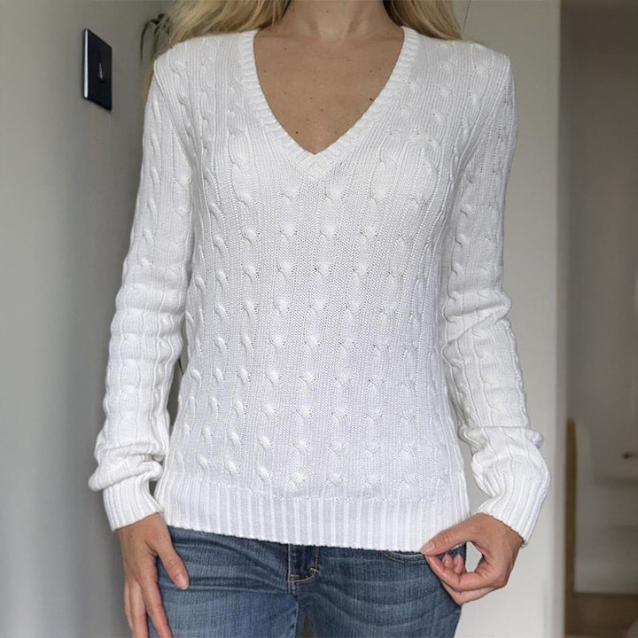 Women's nan premium cotton blend cable knit pullover with deep V-neck and fitted silhouette Mune Fashion