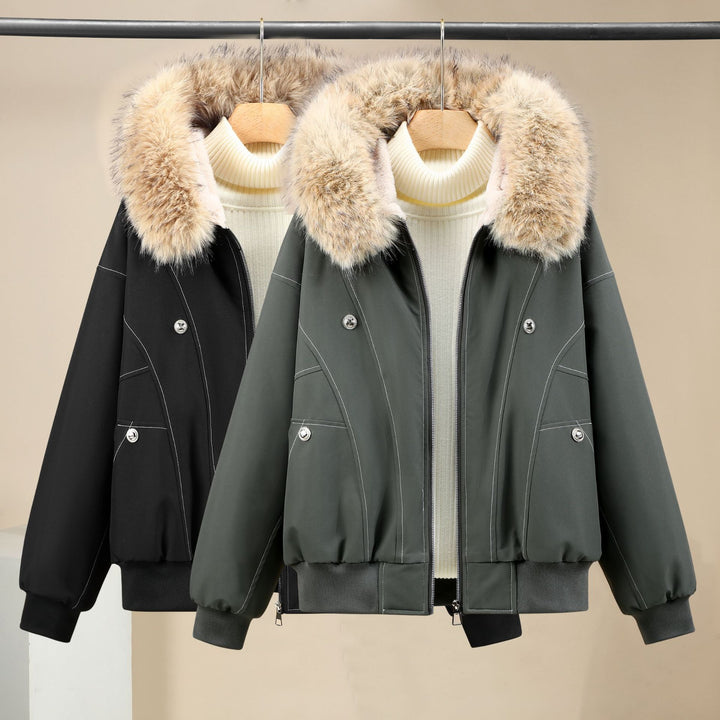 Women's short-cut thermo bomber jacket with removable faux fur collar, high stand-up collar, and ribbed cuffs Mune Fashion