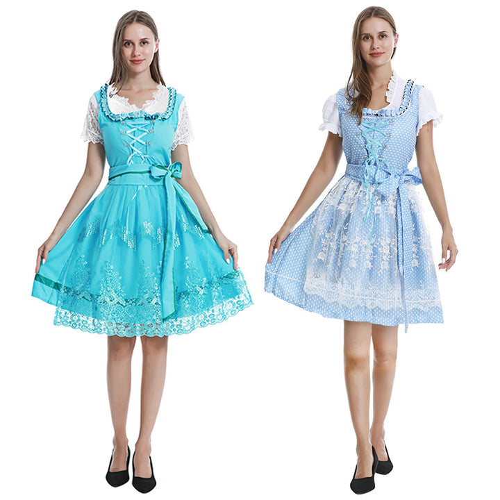 Women's romantic alpine dress with laced bodice, lace insert, and waist belt Mune Fashion