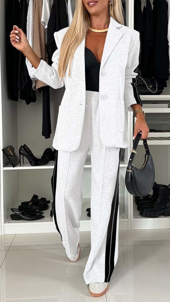 Women sporty-elegant jersey tailoring set with long blazer and wide track pant Mune Fashion