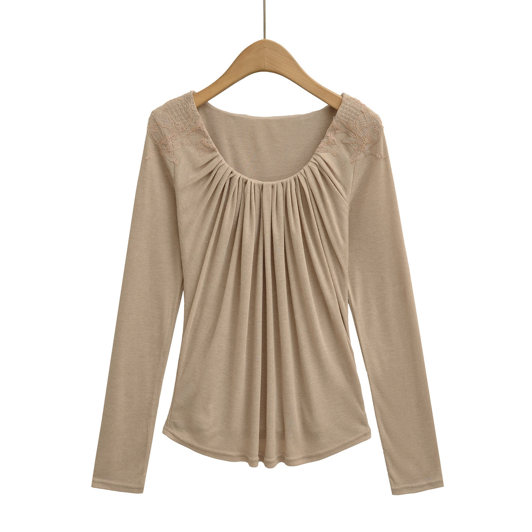 Women's jersey top with wide round neckline, pleated front and lace trim Mune Fashion