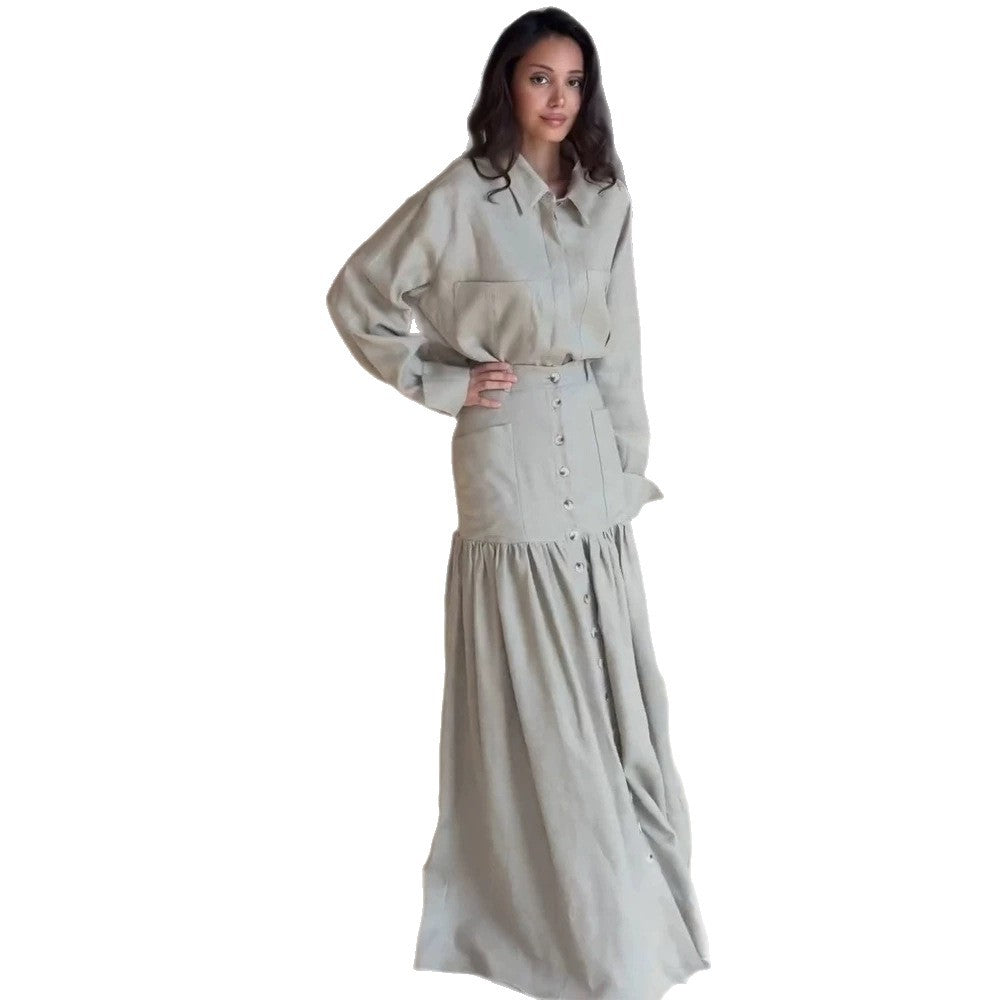 Women Two-Piece Oversized Shirt and Maxi Skirt Set with High Waist & Continuous Button Placket Mune Fashion