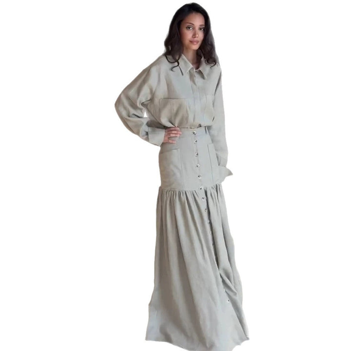 Women Two-Piece Oversized Shirt and Maxi Skirt Set with High Waist & Continuous Button Placket Mune Fashion