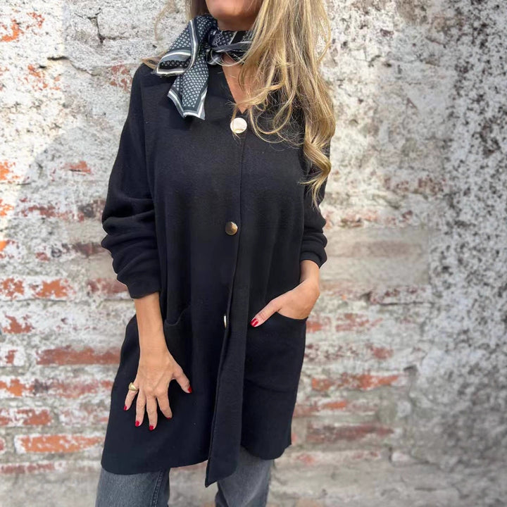Women Oversized Knit Coat-Cardigan with Sewn Pockets and Decorative Buttons Mune Fashion