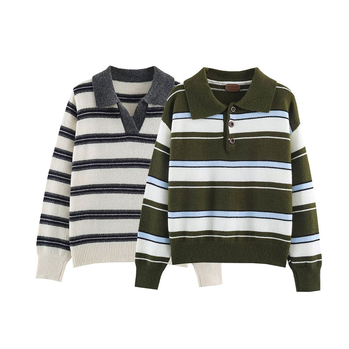 Women's Striped Polo Collar Sweater with Button Placket and Ribbed Cuffs Mune Fashion