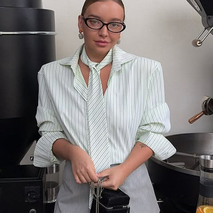 Women's Striped Blouse with Integrated Tie Detail & Oversized Cut Mune Fashion