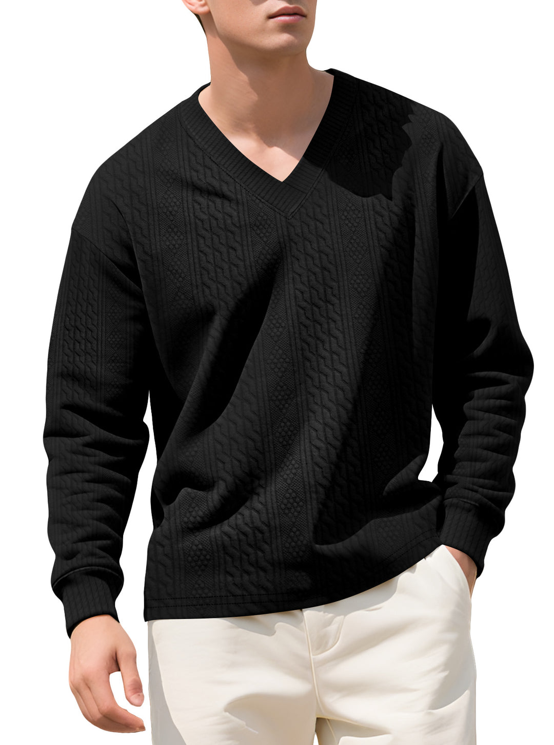 Men's structured V-neck knitted sweater with cable and honeycomb pattern Mune Fashion