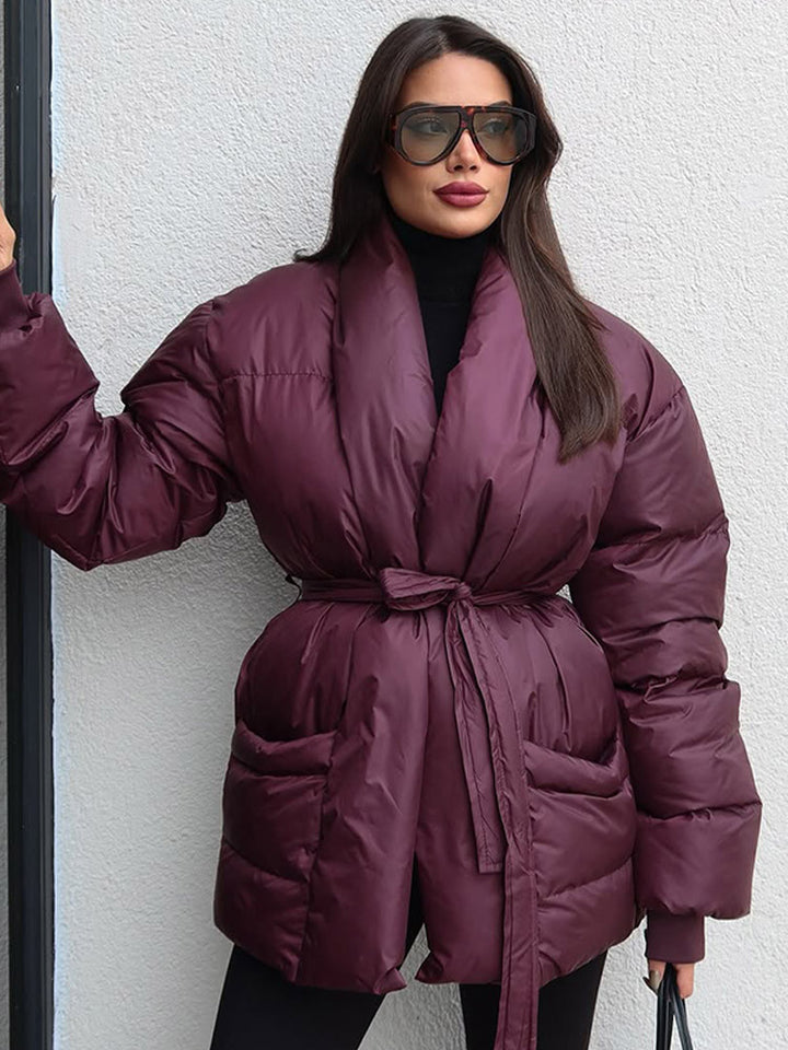 Women's Quilted Tailored Quilted Jacket with Shawl Collar and Tie Belt Mune Fashion