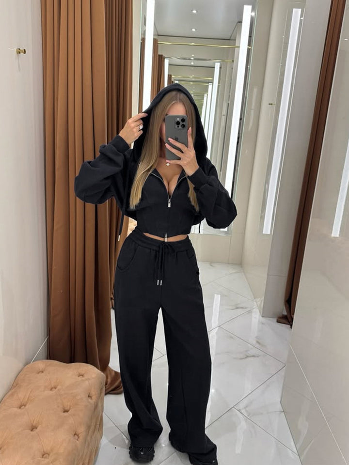 Women's short zip hoodie set with balloon sleeves and high waist wide-leg lounge pants Mune Fashion