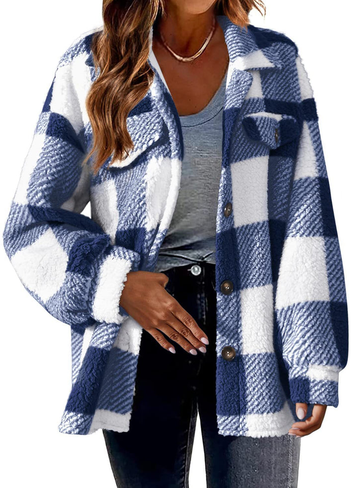 Women's cozy Sherpa check transitional jacket with chest pockets and generous oversized cut Mune Fashion
