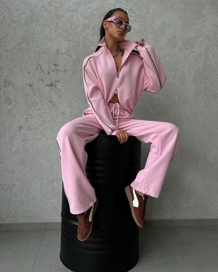 Women's casual sweatset with stand-up collar zip cropped jacket and high-waisted flared pants Mune Fashion