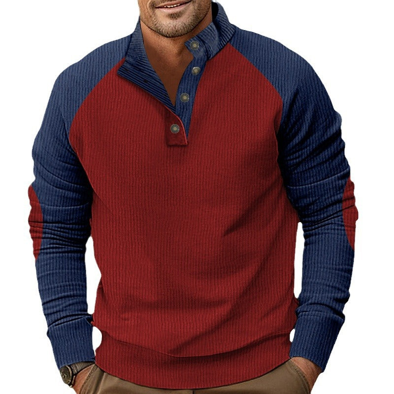 Men's Waffle Structure Henley Pullover with Stand Collar and Button Placket Mune Fashion