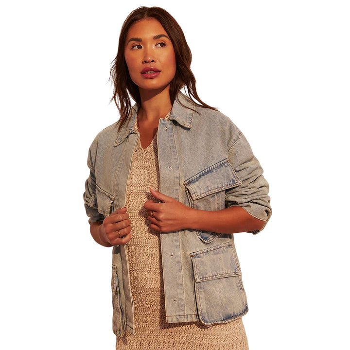 Women Oversize Utility Denim Jacket with Large Flap Pockets and Button-Down Front Mune Fashion