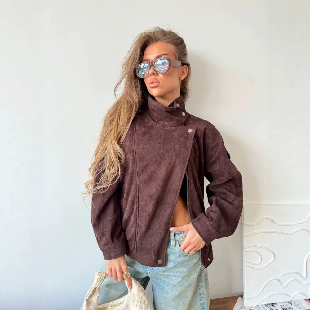 Women Oversize Suede-Look Biker Jacket with High Standing Collar Mune Fashion