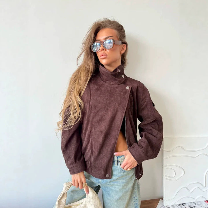 Women Oversize Suede-Look Biker Jacket with High Standing Collar Mune Fashion