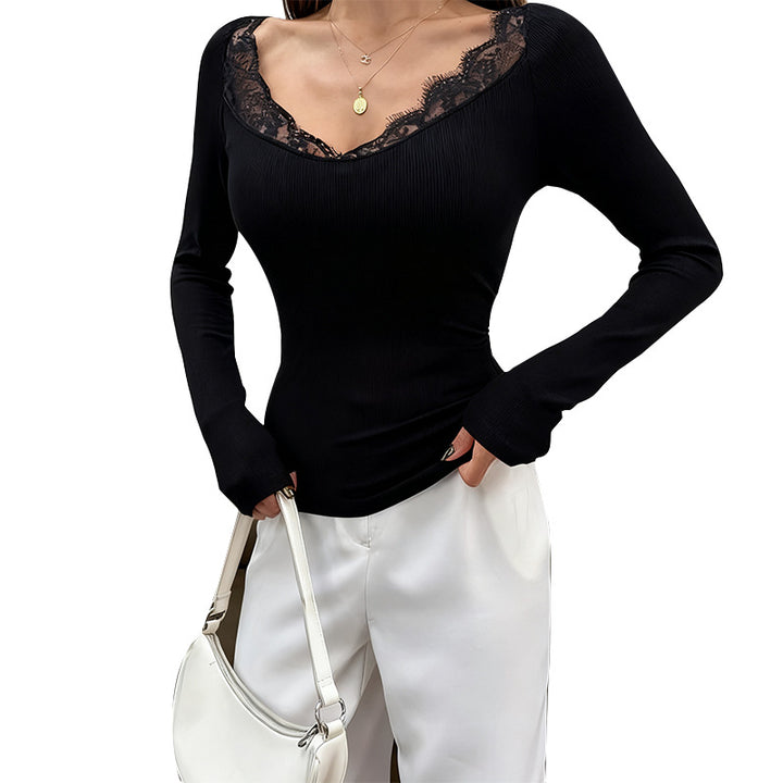 Women's Fitted Long Sleeve Shirt with Lace V-Neck