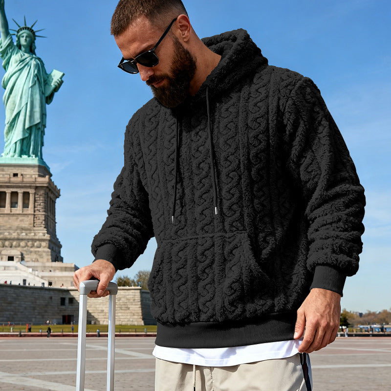 Men's Lined Sherpa Hoodie with Cable Knit Pattern and Hood Mune Fashion