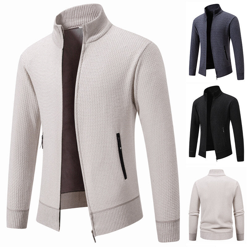 Men's Textured Zip Knit Cardigan with Stand Collar, Waffle Texture and Zipper Pockets Mune Fashion