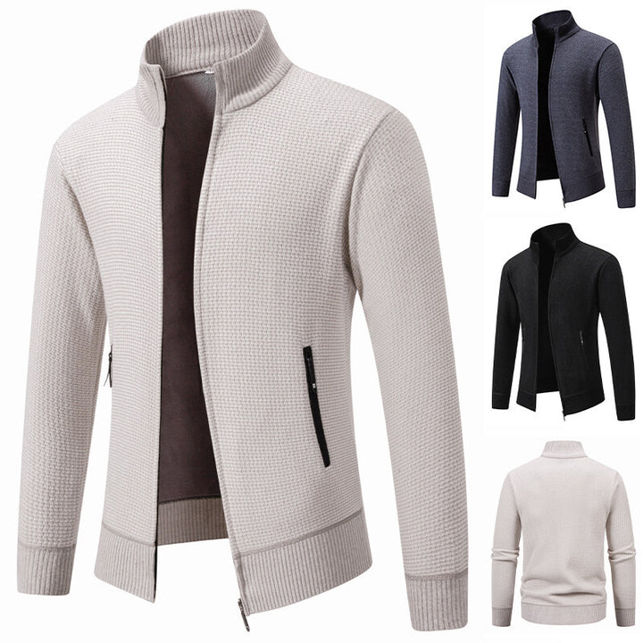 Men's Textured Zip Knit Cardigan with Stand Collar, Waffle Texture and Zipper Pockets Mune Fashion
