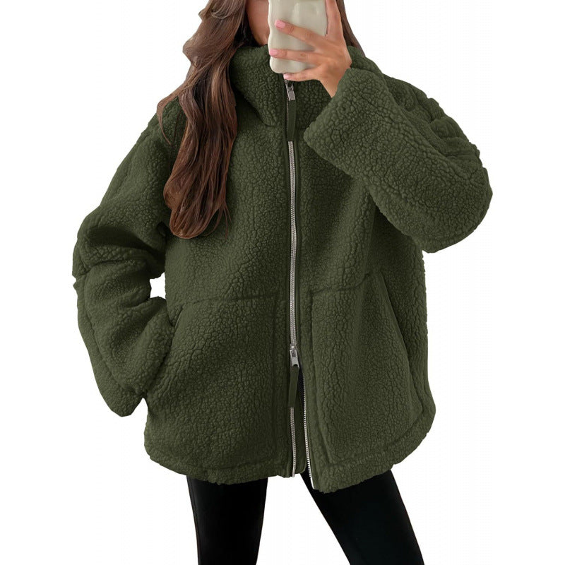 Ladies Cozy Teddy Fur Jacket with High Collar and Zipper Mune