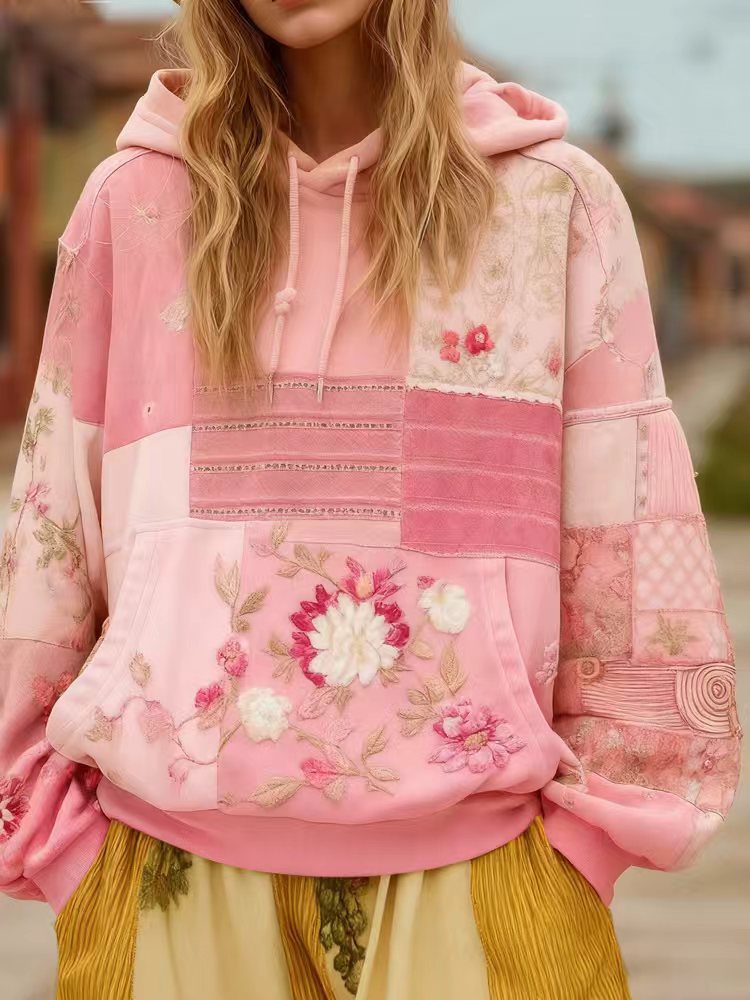 Women's Embroidered Patchwork Hoodie with Flower Applique and Kangaroo Pocket Mune Fashion