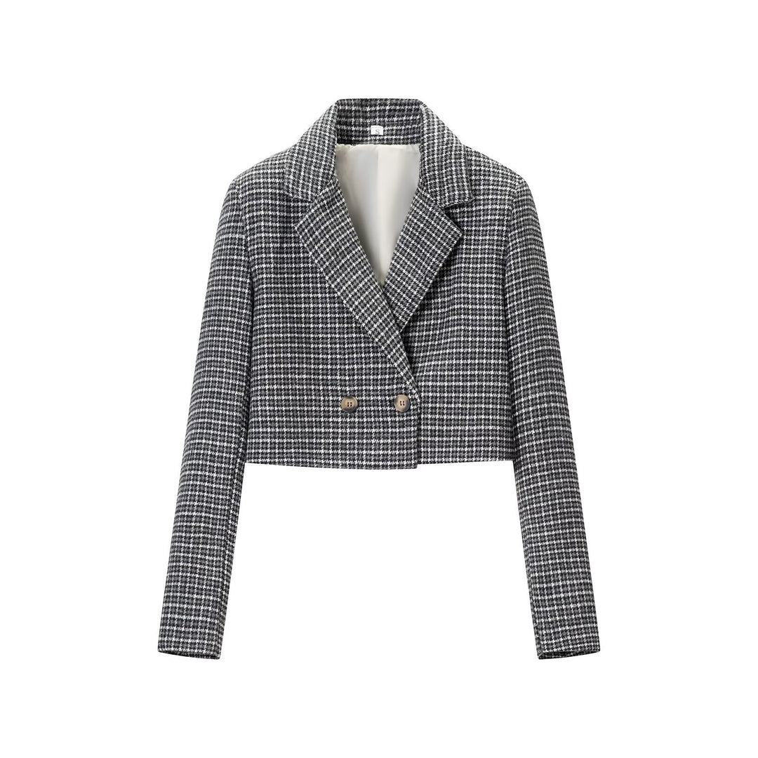 Women Cropped Wool Blend Blazer with Houndstooth Pattern and Double-Breasted Button Placket Mune Fashion