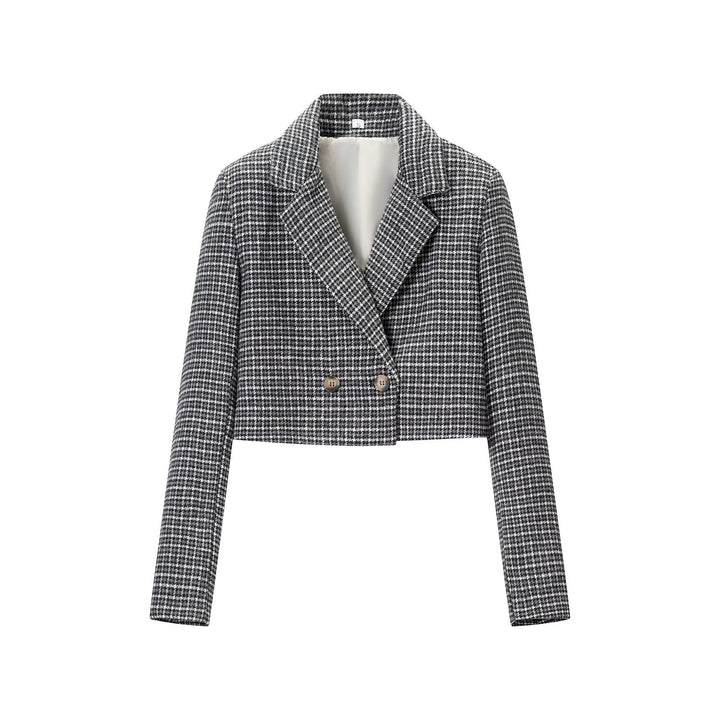 Women Cropped Wool Blend Blazer with Houndstooth Pattern and Double-Breasted Button Placket Mune Fashion