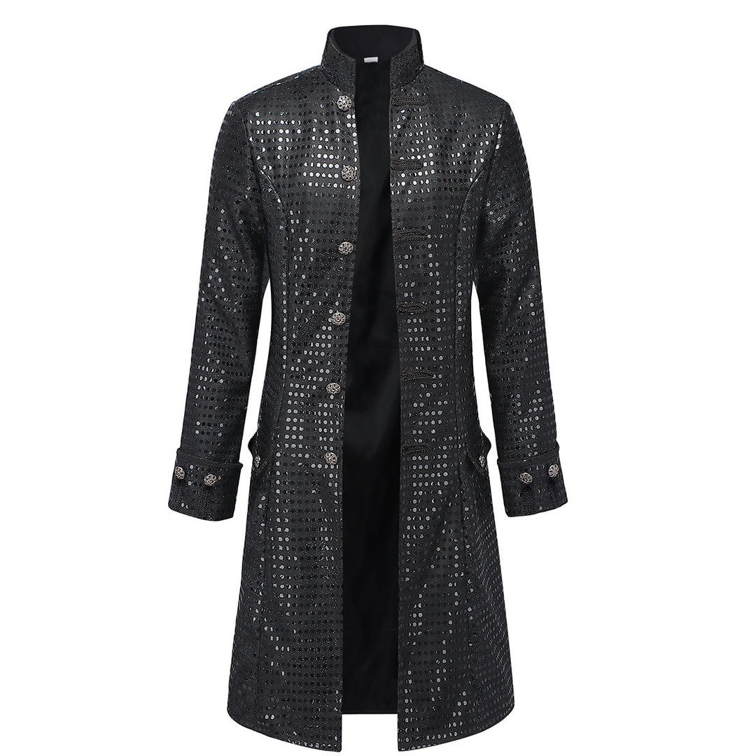 Men's long evening frock coat with stand-up collar, subtle sequin relief, and ornamental decorative buttons Mune Fashion