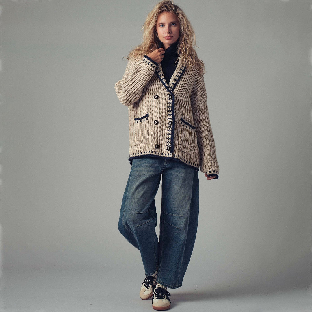 Women's chunky knit cardigan with shawl collar, decorative stripes & patch pockets Mune Fashion
