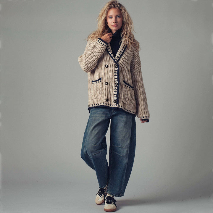 Women's chunky knit cardigan with shawl collar, decorative stripes & patch pockets Mune Fashion