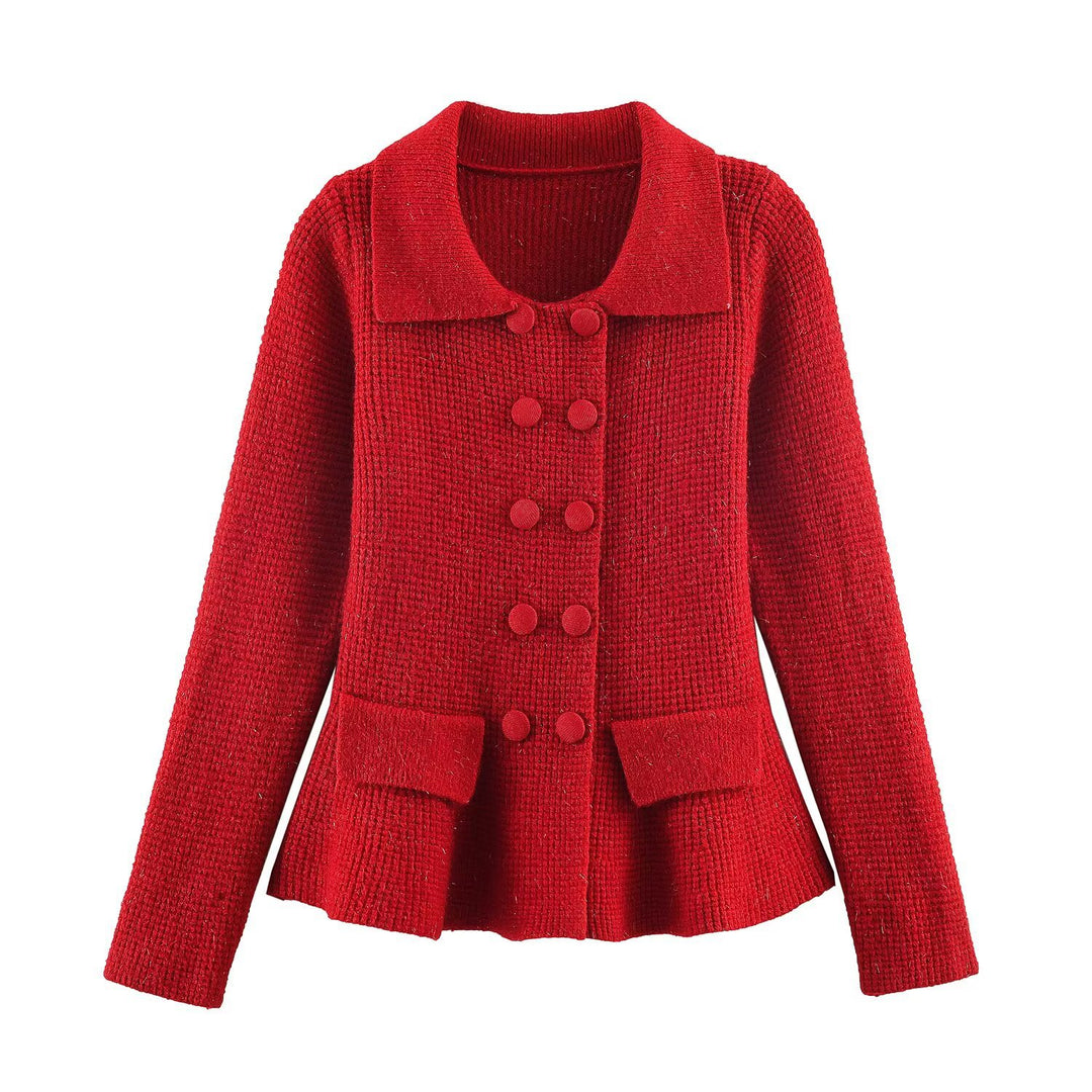 Women's Double-breasted Boucle Jacket with Peplum, Applied Pockets and Shirt Collar Mune Fashion