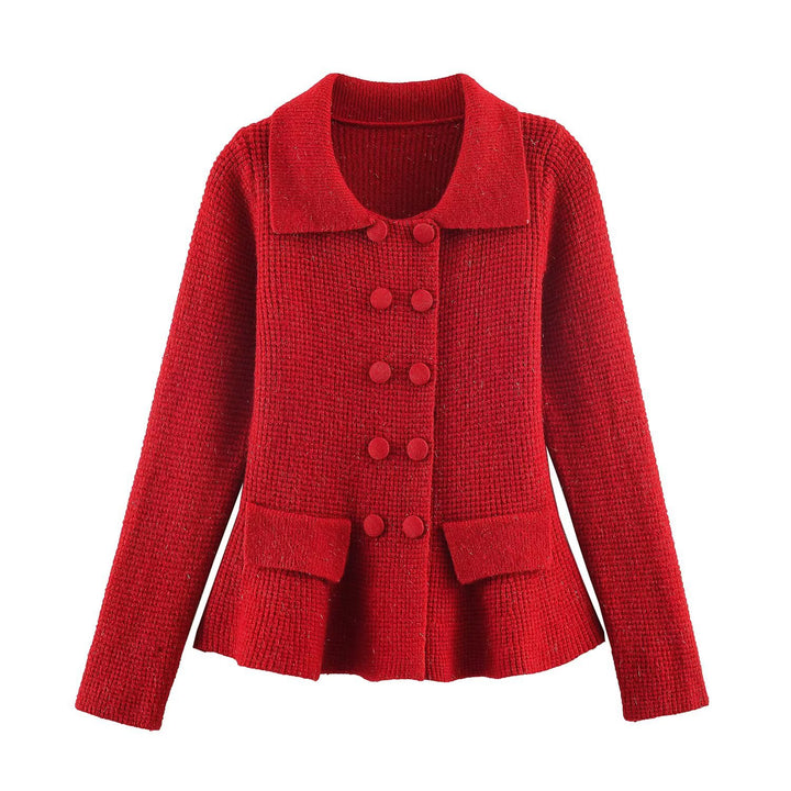 Women's Double-breasted Boucle Jacket with Peplum, Applied Pockets and Shirt Collar Mune Fashion