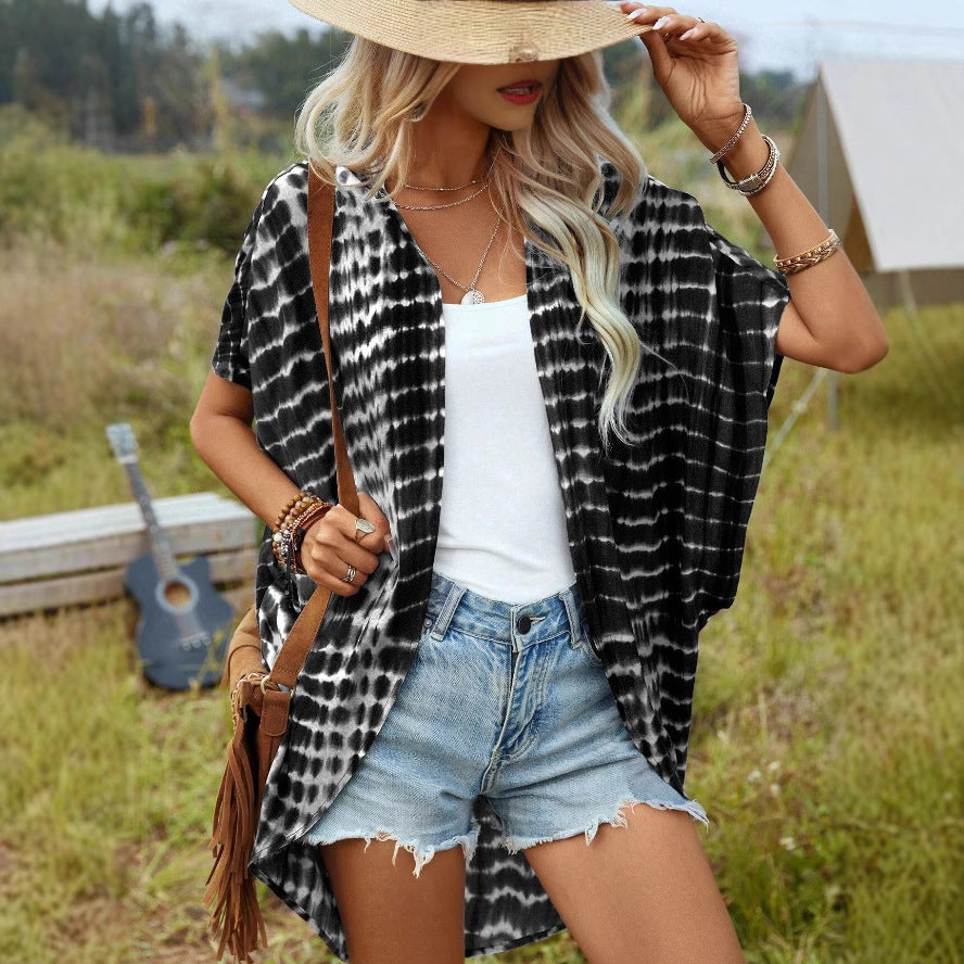 Women's Open Lightweight Kimono Cardigan with Tie-Dye Pattern and Short Sleeves Mune Fashion