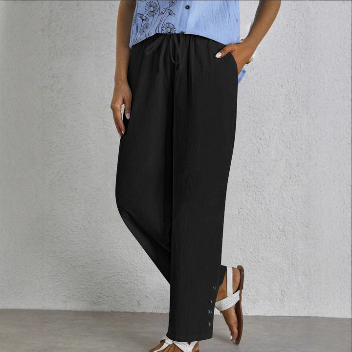 Women's Light Palazzo Pants with Elastic Waistband, Drawstring and Decorative Button Detail Mune Fashion