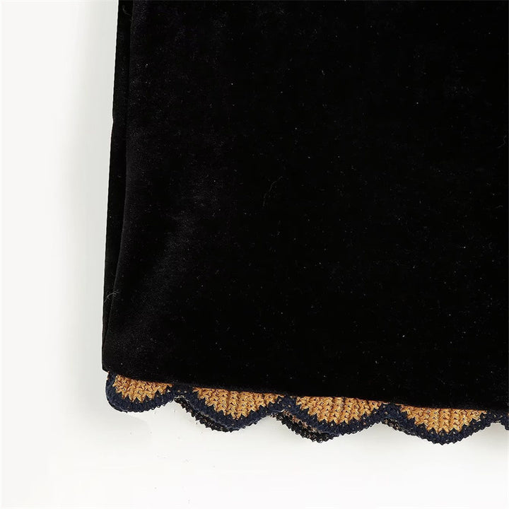 Women's Embroidered Velvet Vest with Folk Bead Embroidery and Curved Hem Mune Fashion