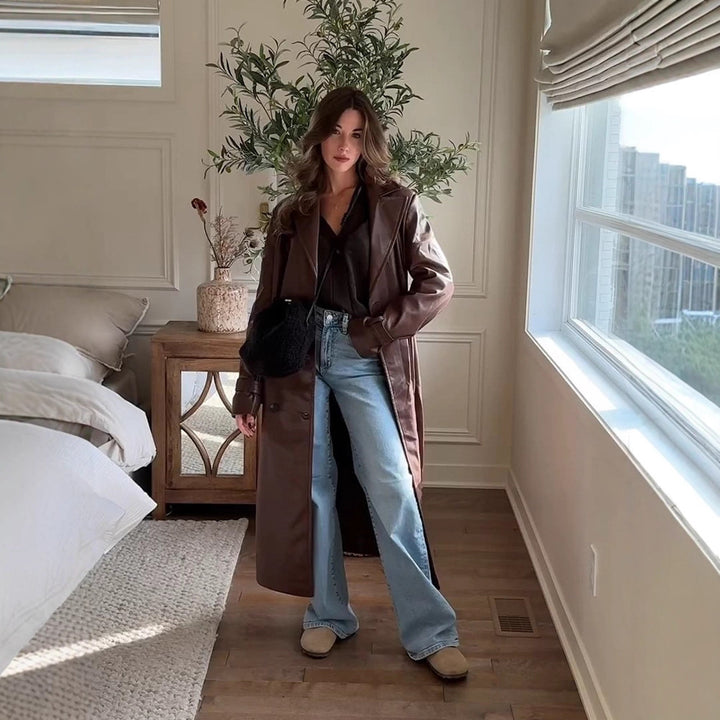 Women Long Trench Coat Made of Faux Leather with Oversized Shoulders and Tailored Silhouette Mune Fashion
