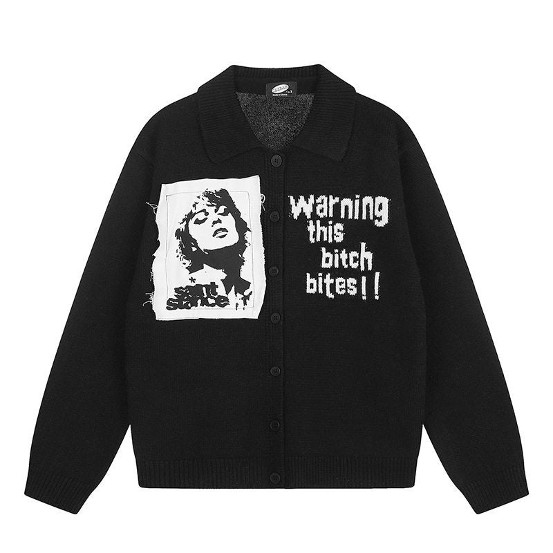 Women's knitted cardigan with shirt collar, button placket, and statement patch Mune Fashion