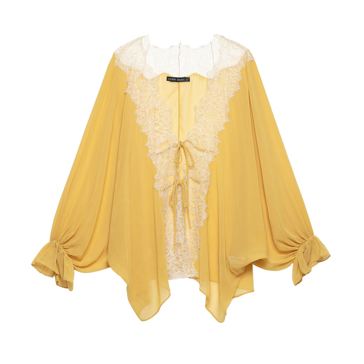 Women's Transparent Chiffon Overlay Blouse with Lace Trim and Ties Mune Fashion