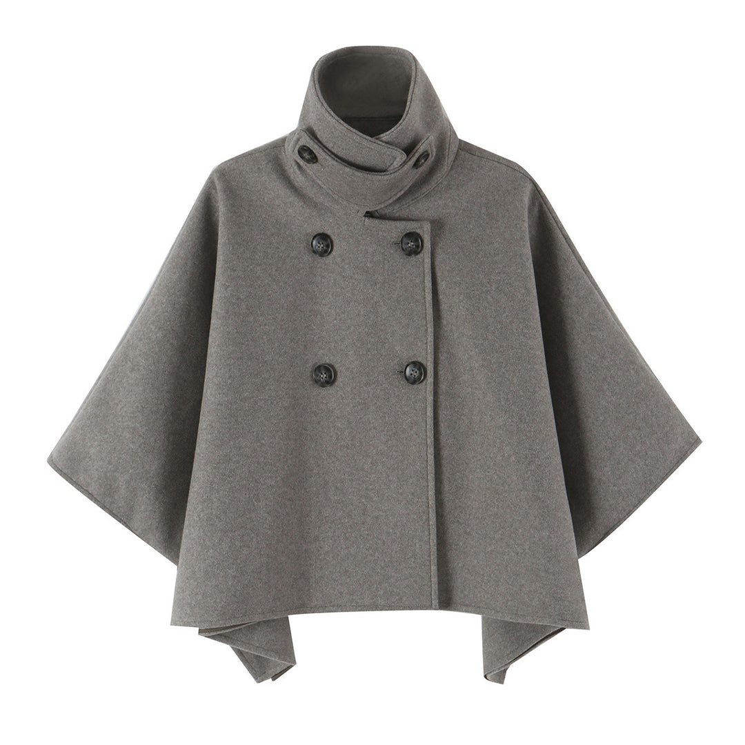 Women's Wool Look Cape with Double-Breasted Button Placket, High Stand Collar and Boxy Silhouette Mune Fashion