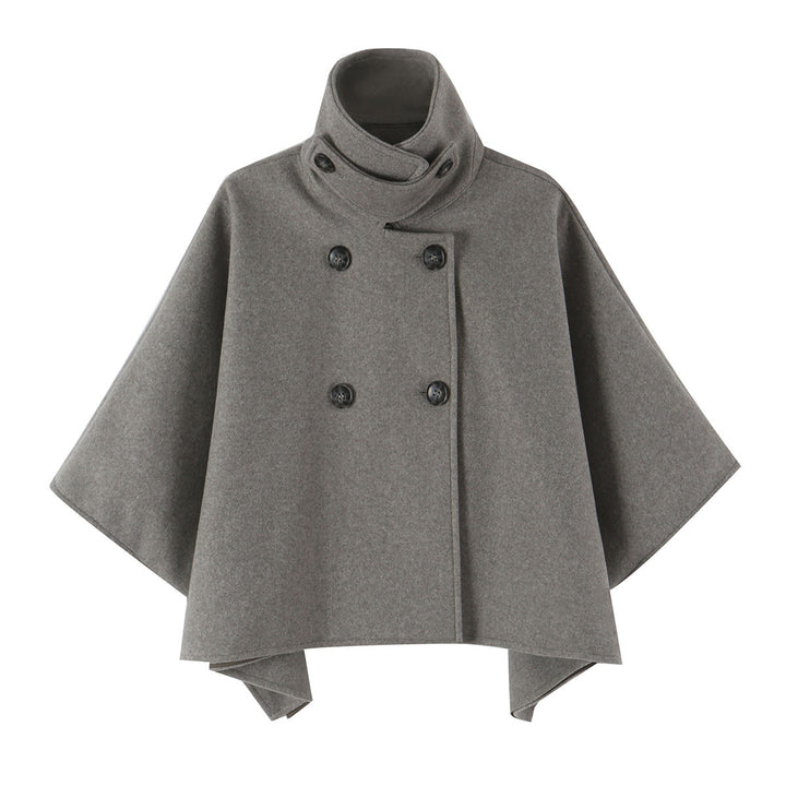 Women's Wool Look Cape with Double-Breasted Button Placket, High Stand Collar and Boxy Silhouette Mune Fashion