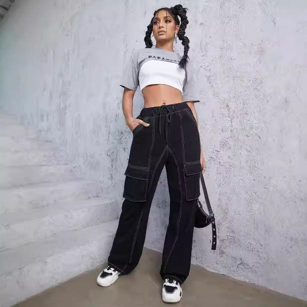 Women’s utilitarian denim cargo pants with contrast stitching and drawstring Mune Fashion