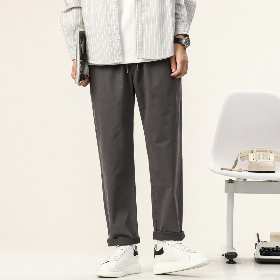 Men's Lightweight Cotton Blend Pants with Elastic Cord Waistband and Straight Leg Mune Fashion