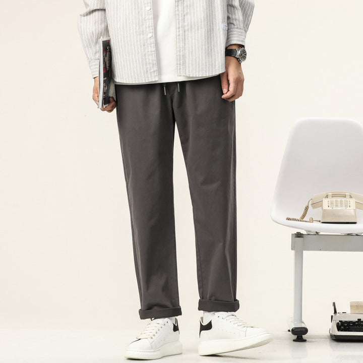 Men's Lightweight Cotton Blend Pants with Elastic Cord Waistband and Straight Leg Mune Fashion