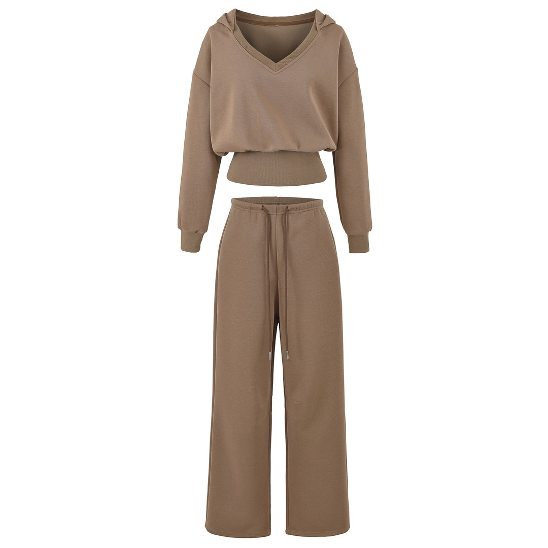 Women's Comfort Lounge Set with Short V Hooded Sweatshirt and High-Cut Wide-Leg Joggers Mune Fashion