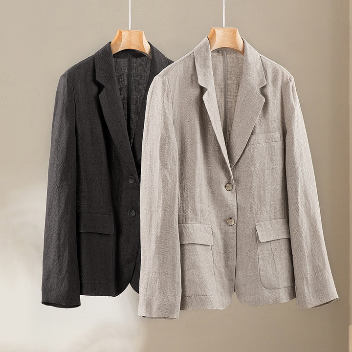 Women's linen blazer with patch pockets, casual fit and lapel collar Mune Fashion