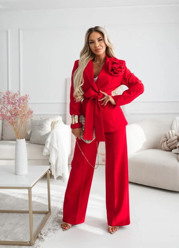 Ladies Elegant Oversize Blazer Set with Pink Rose Appliqué and High Waist Wide Leg Pants Mune Fashion