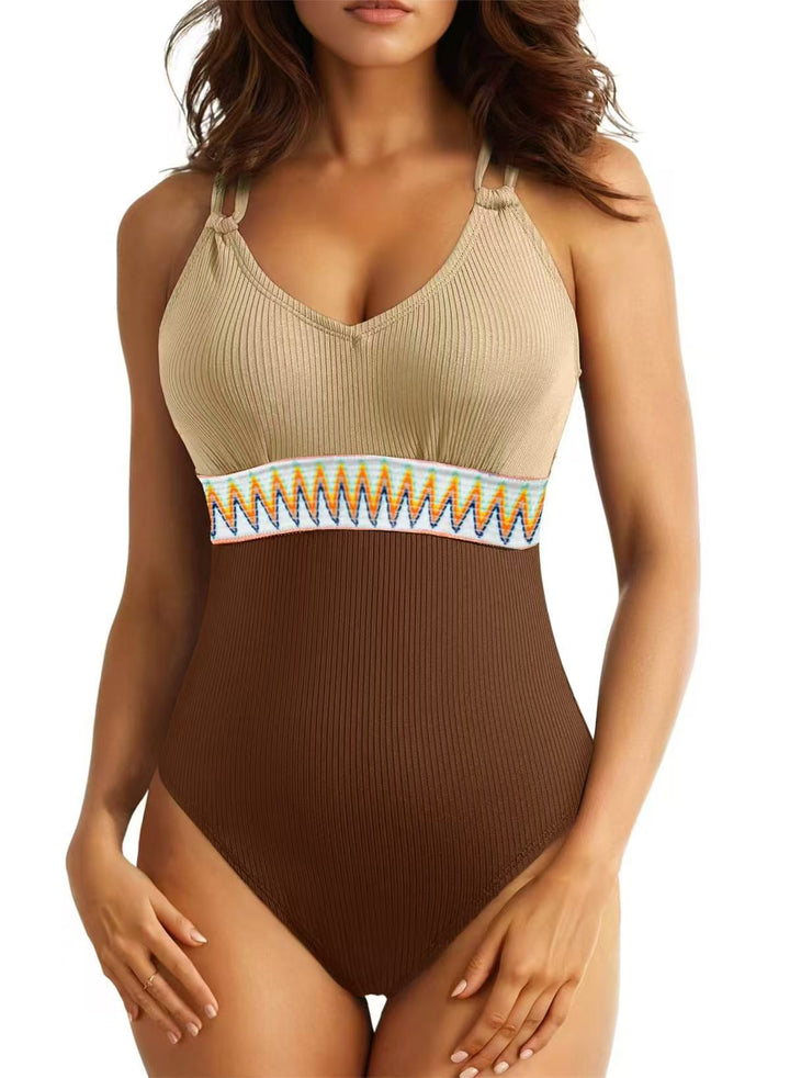 Ladies sporty swimsuit with fashionable V-neck and colorful ethnic pattern Mune Fashion