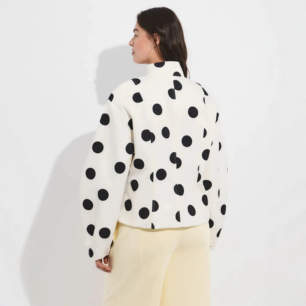 Women's Polka Dot Stand Collar Blouse with Oversized Sleeves and Boxy Cropped Silhouette Mune Fashion