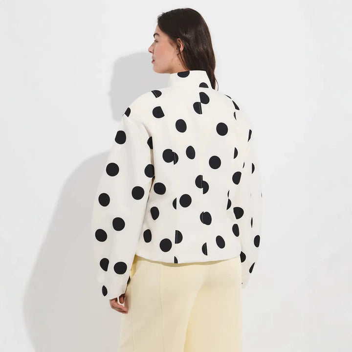 Women's Polka Dot Stand Collar Blouse with Oversized Sleeves and Boxy Cropped Silhouette Mune Fashion